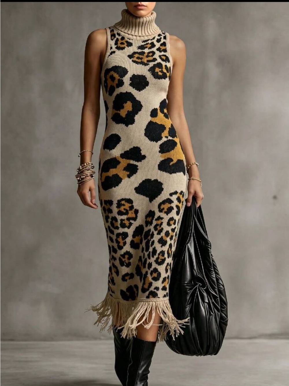 Classic Elegant Sleeveless Turtleneck Leopard Knit Dress